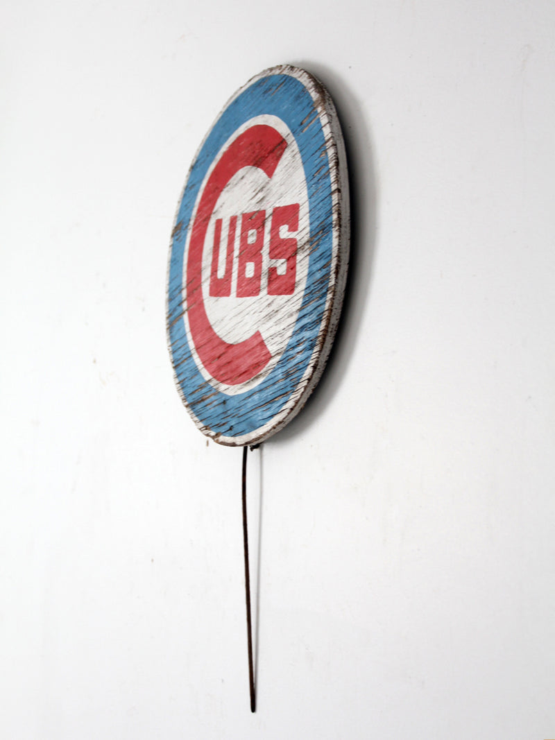 vintage Cubs painted wood sign with stake