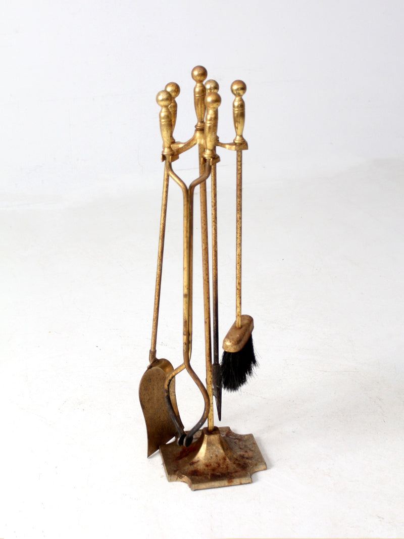 vintage brass fireplace tools set with stand