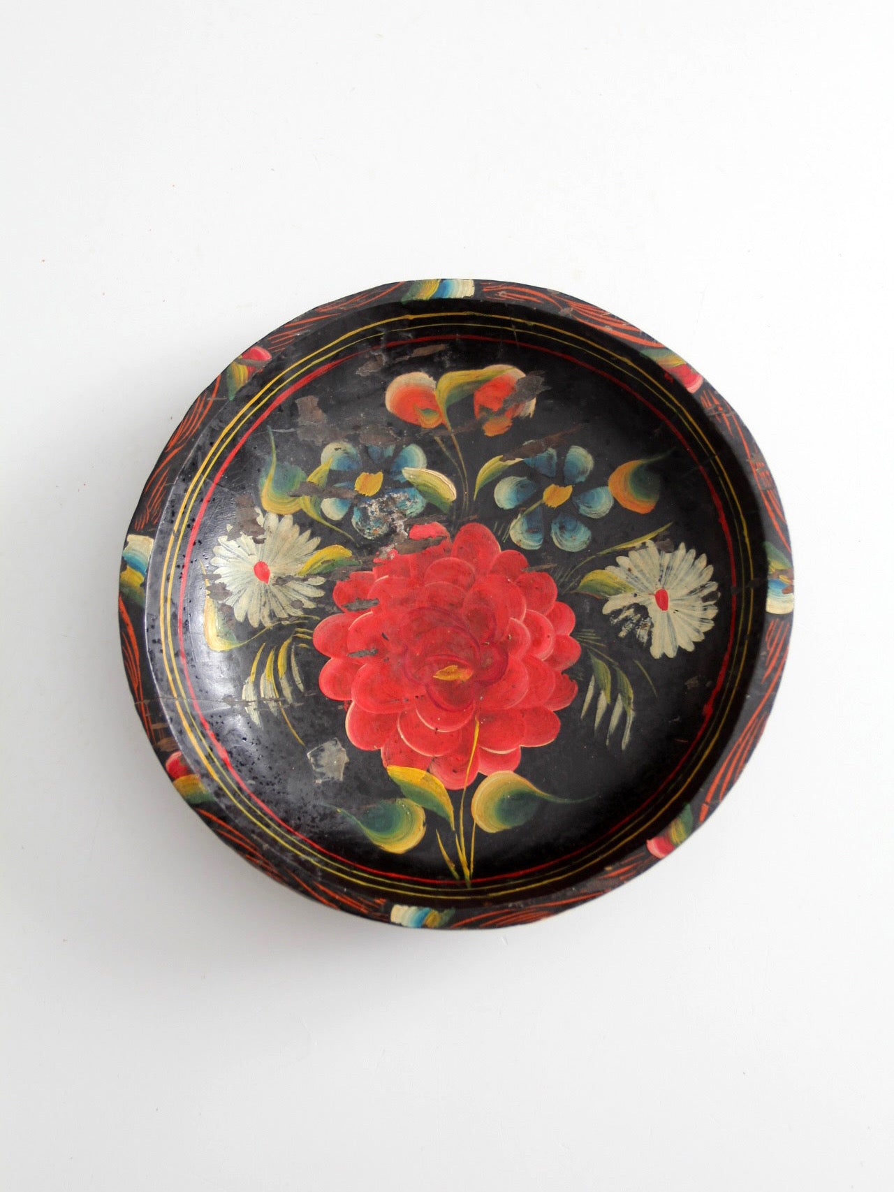 vintage hand-painted floral wooden bowl
