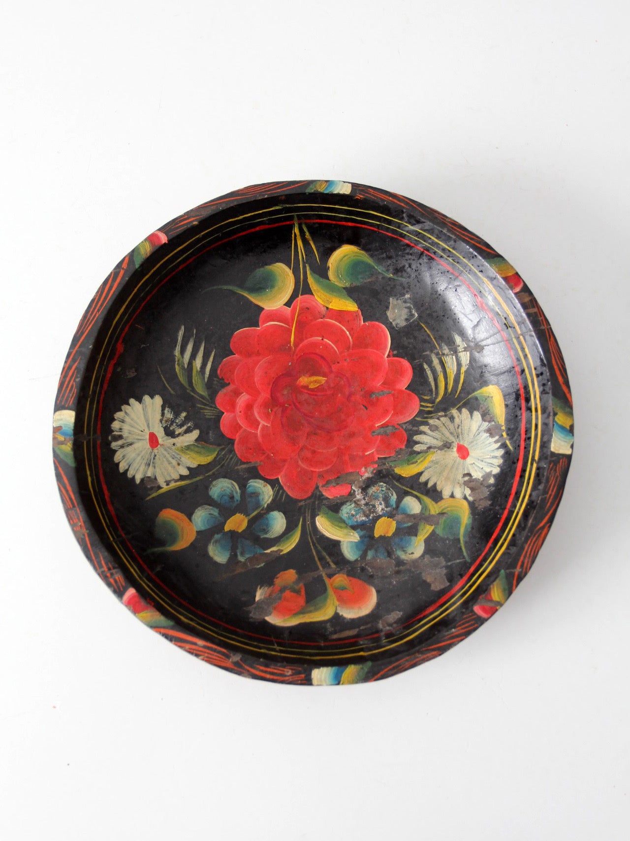 vintage hand-painted floral wooden bowl