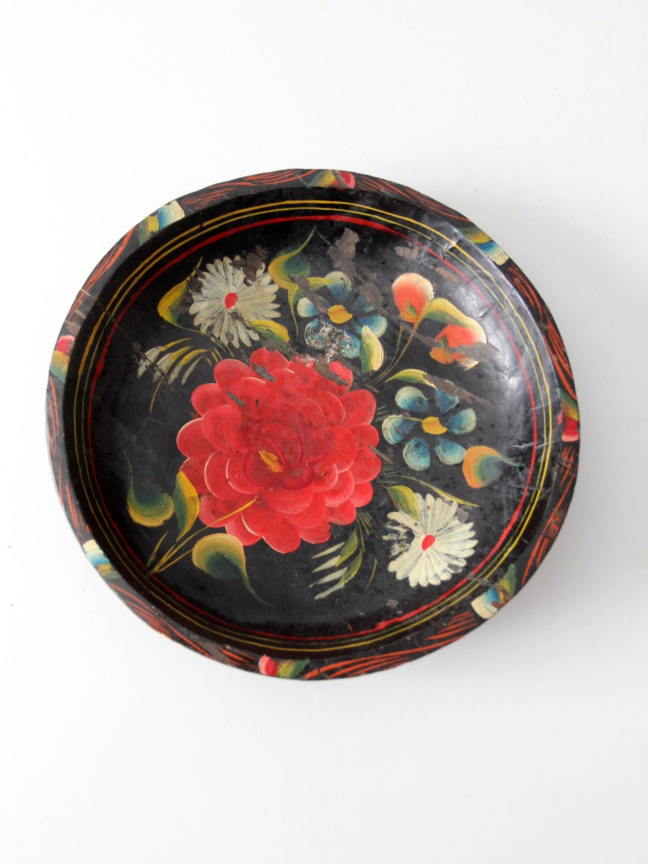 vintage hand-painted floral wooden bowl