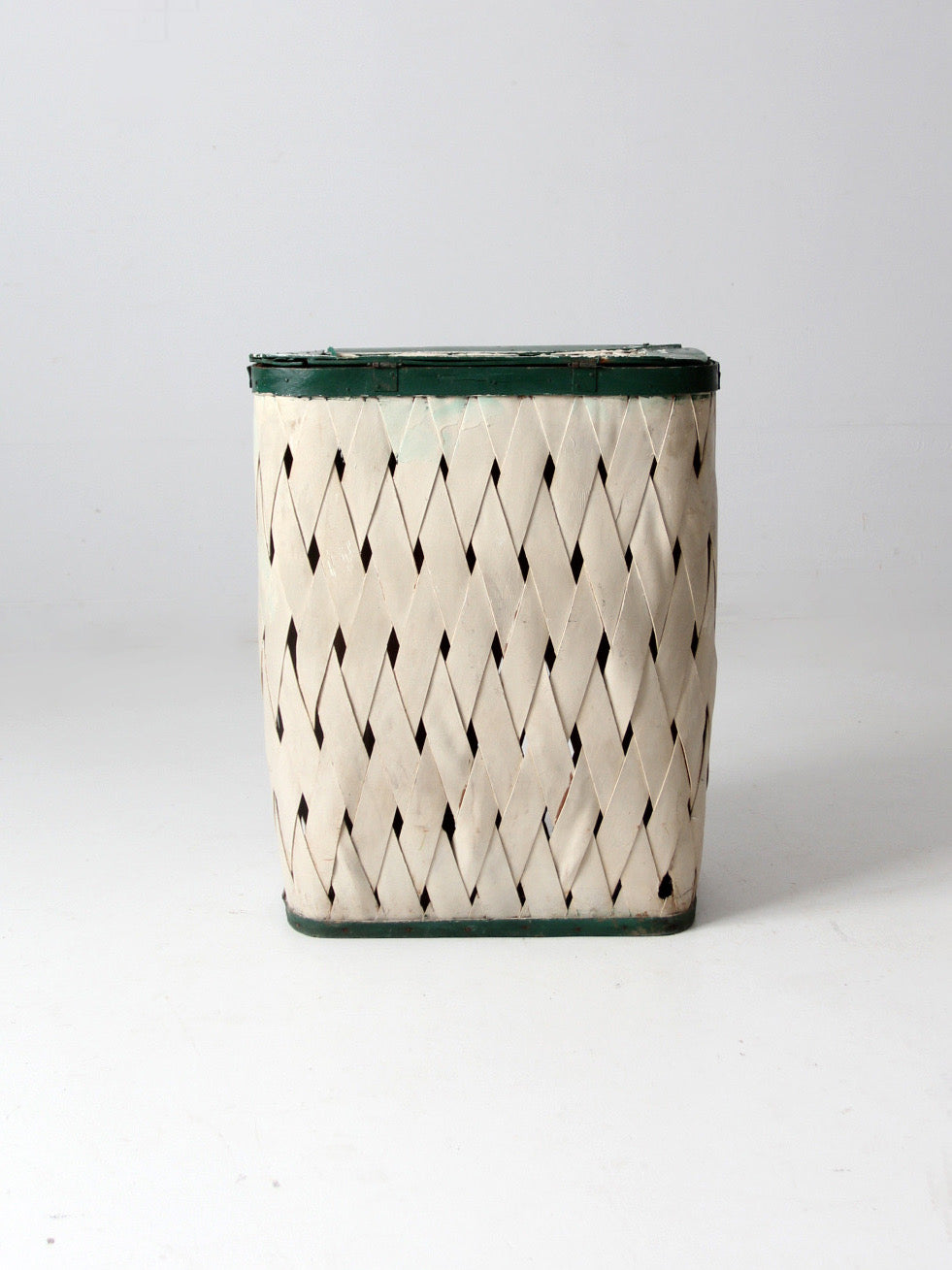 antique painted splint hamper basket with green trim