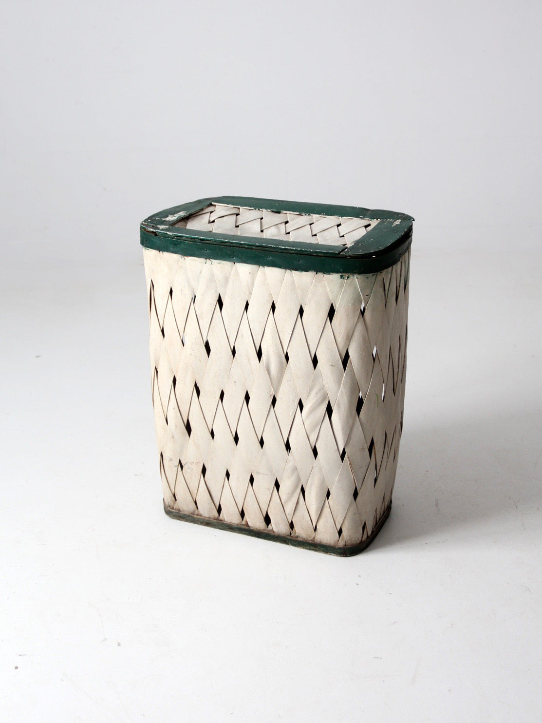 antique painted splint hamper basket with green trim
