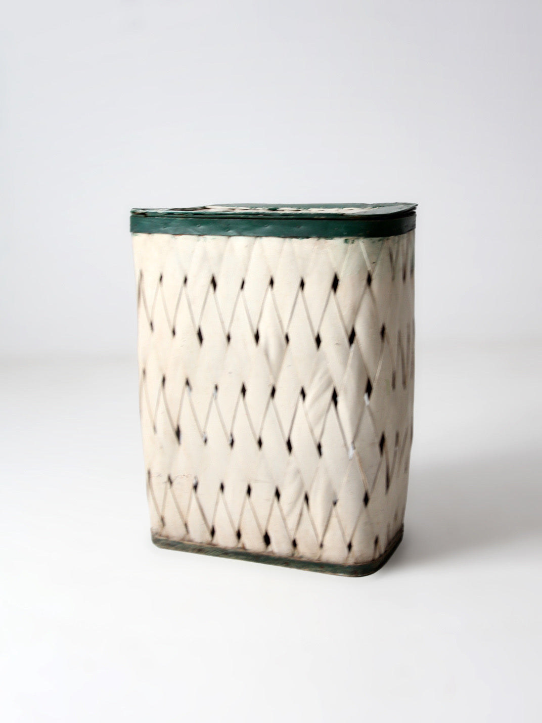 antique painted splint hamper basket with green trim