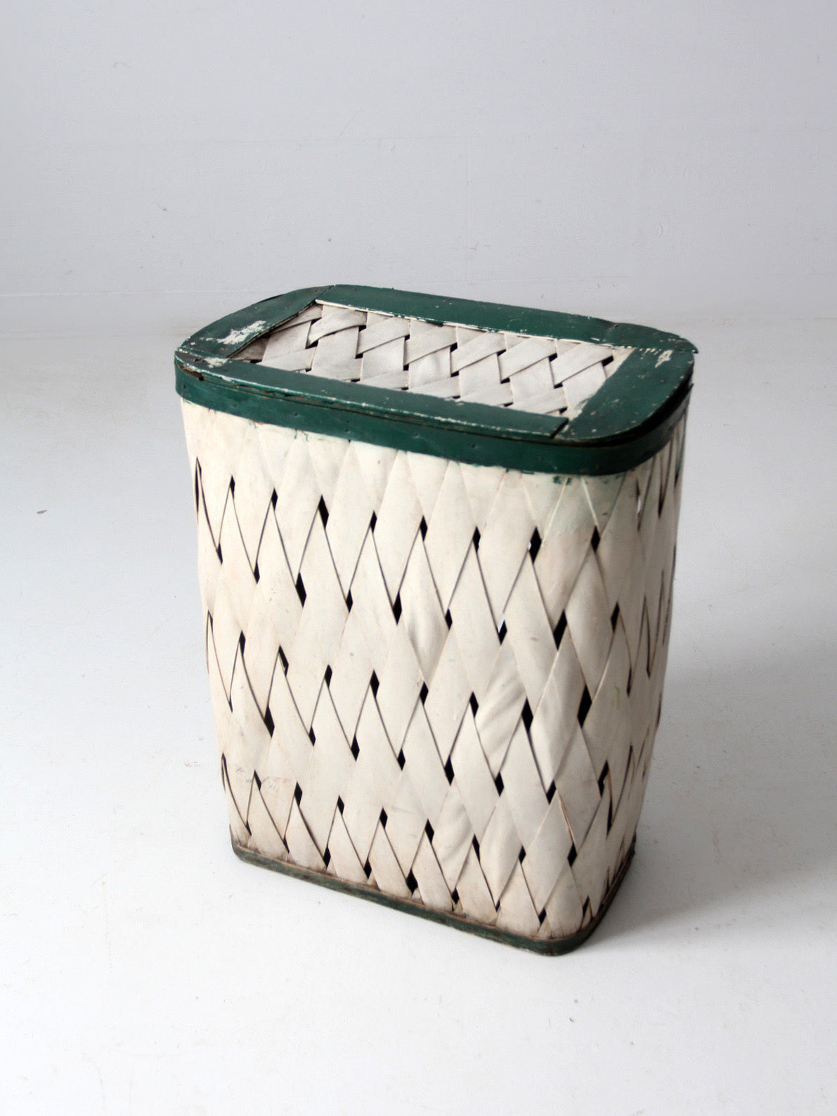 antique painted splint hamper basket with green trim