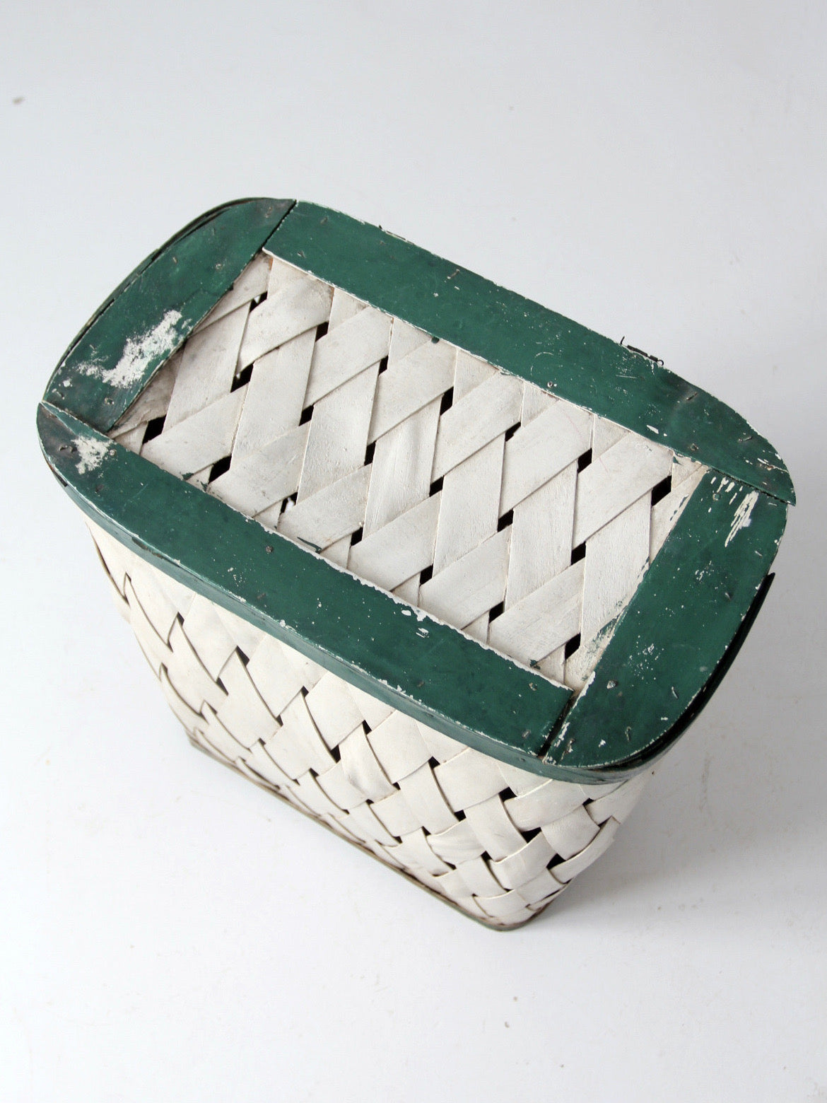 antique painted splint hamper basket with green trim
