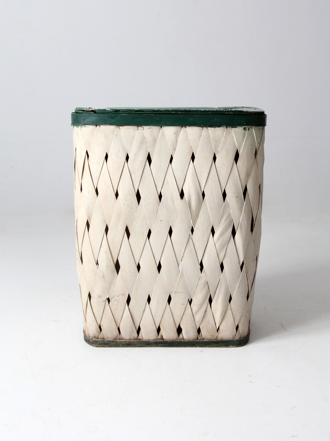 antique painted splint hamper basket with green trim