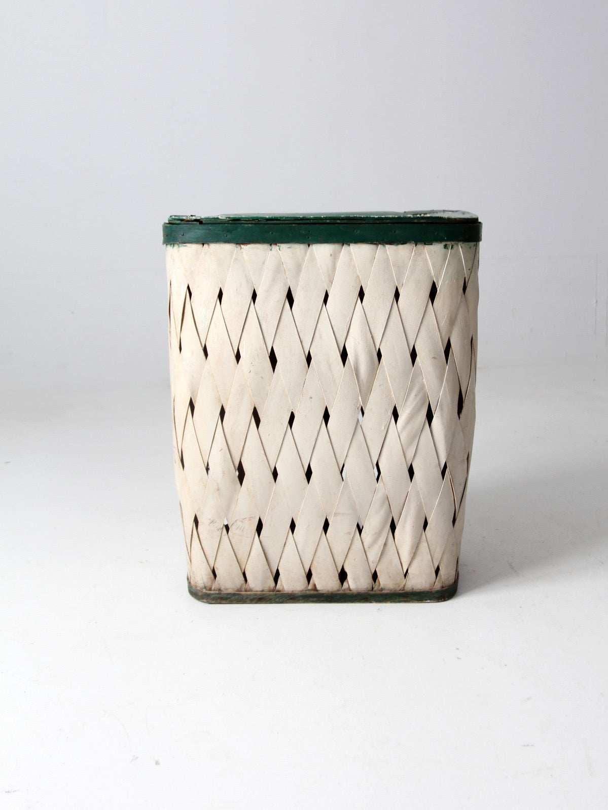 antique painted splint hamper basket with green trim