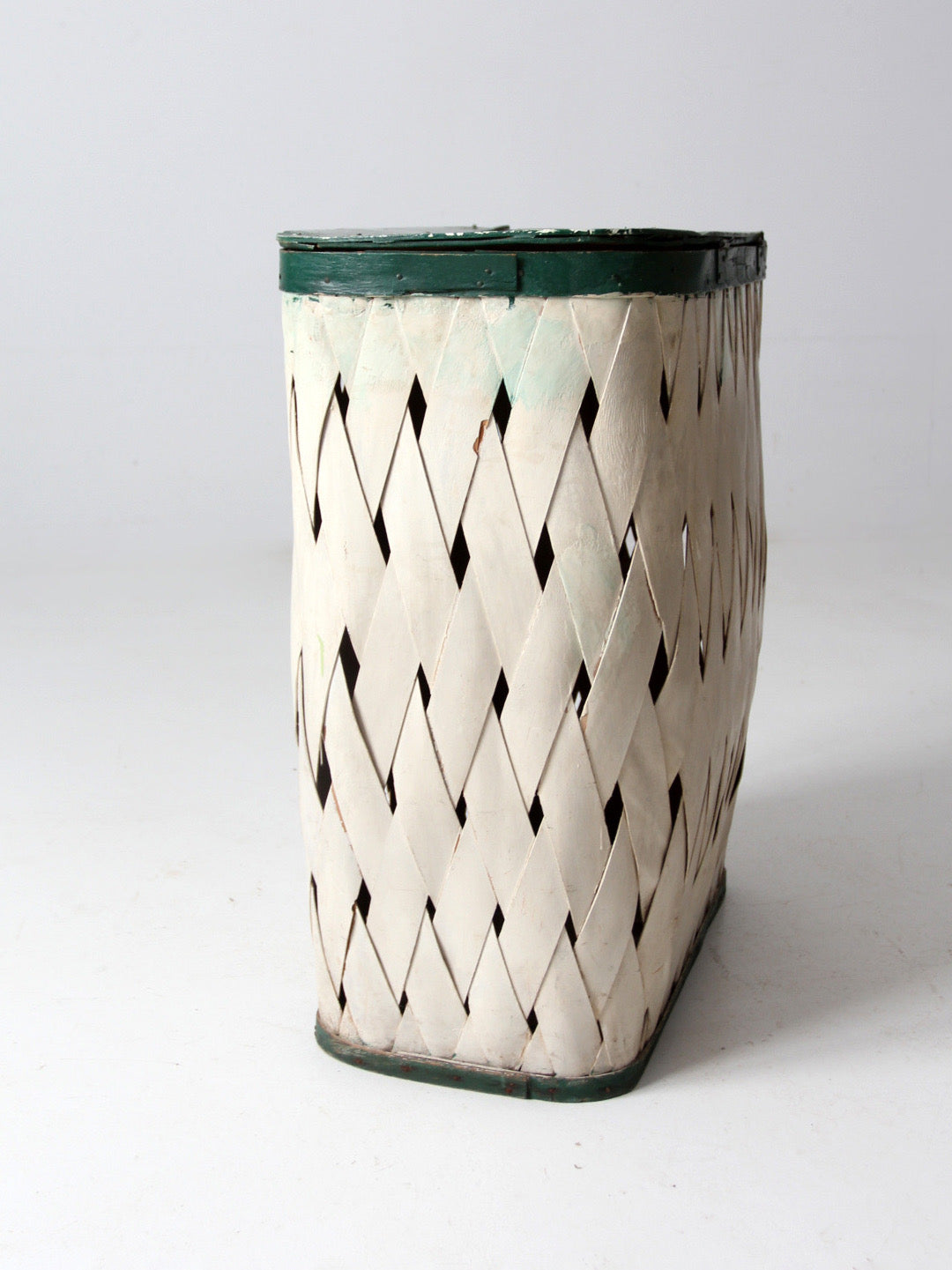antique painted splint hamper basket with green trim