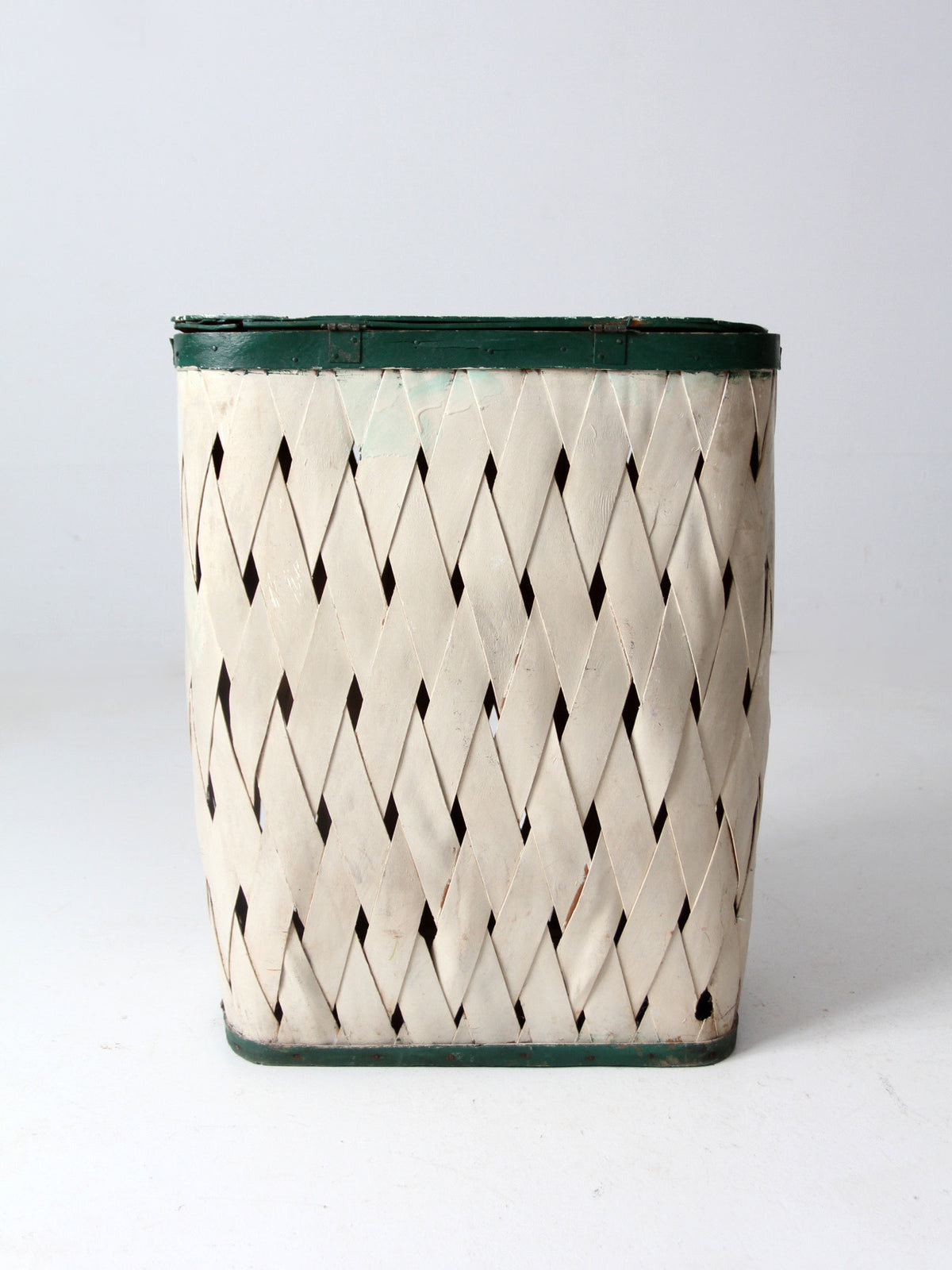 antique painted splint hamper basket with green trim