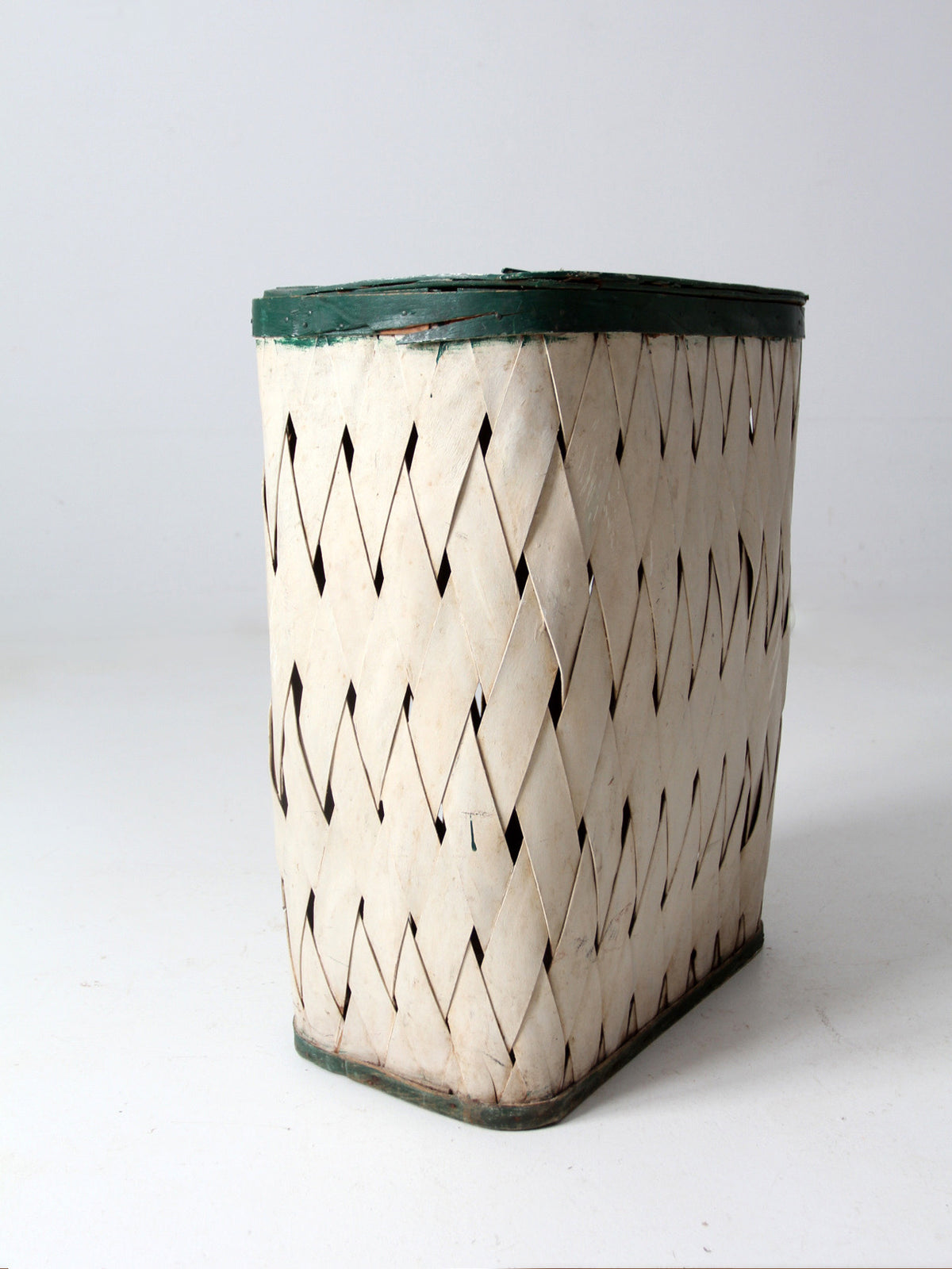 antique painted splint hamper basket with green trim