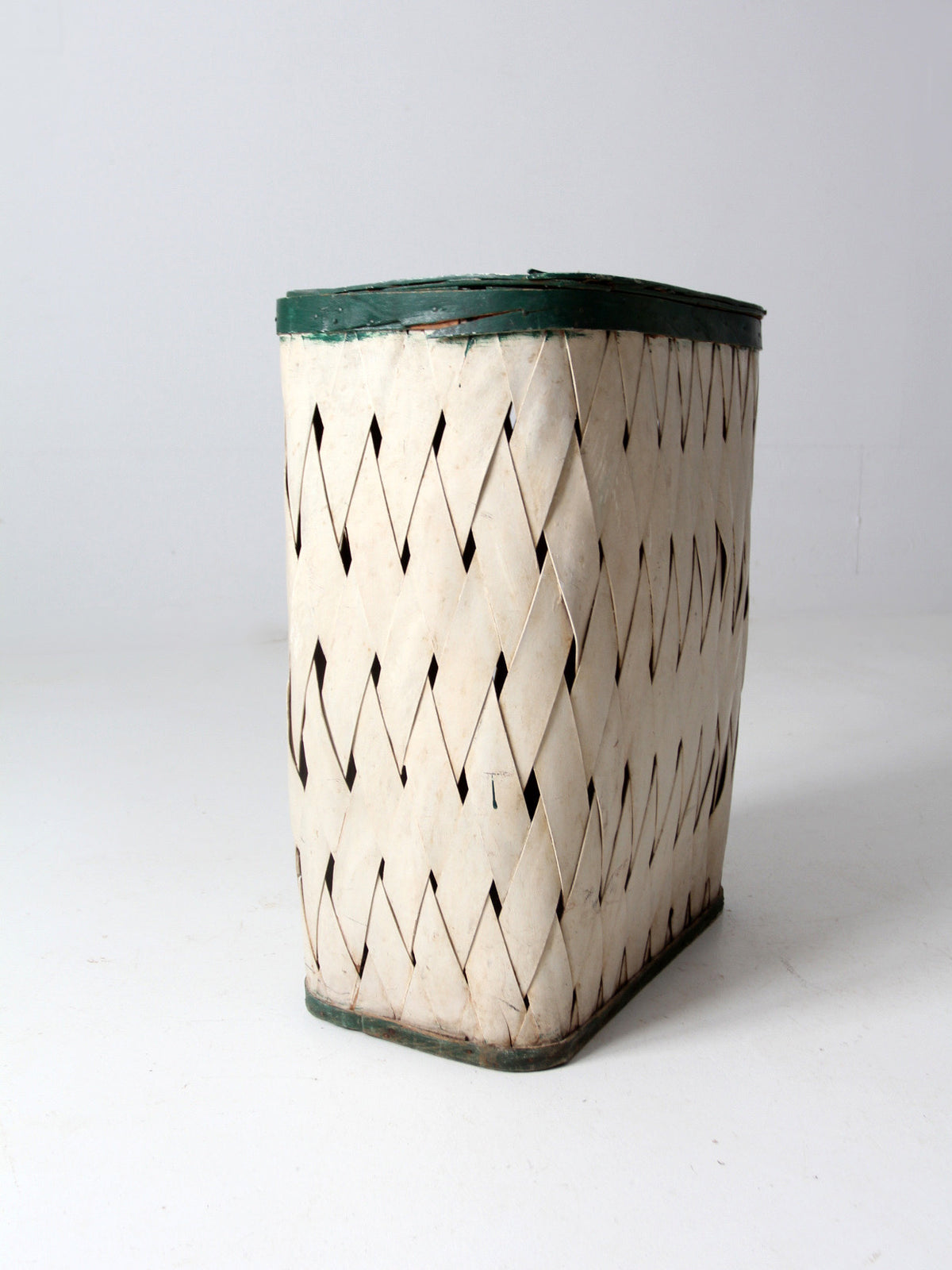 antique painted splint hamper basket with green trim