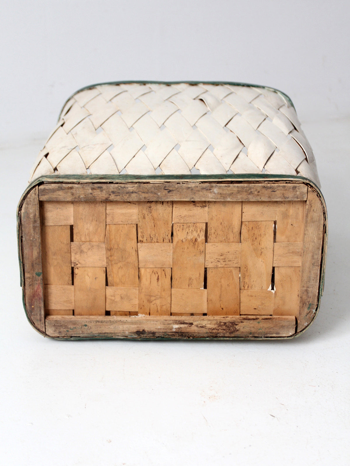 antique painted splint hamper basket with green trim