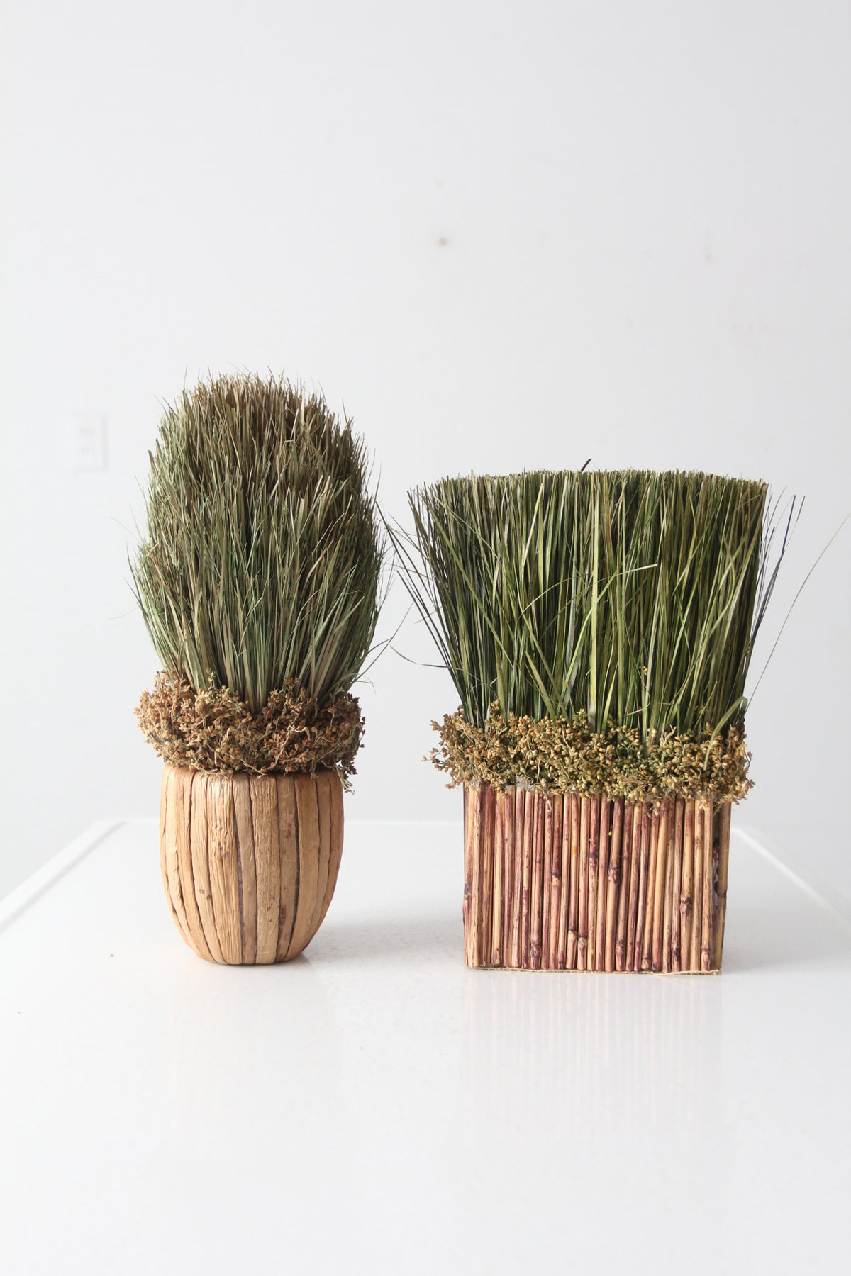 vintage decorative dried grass topiaries pair