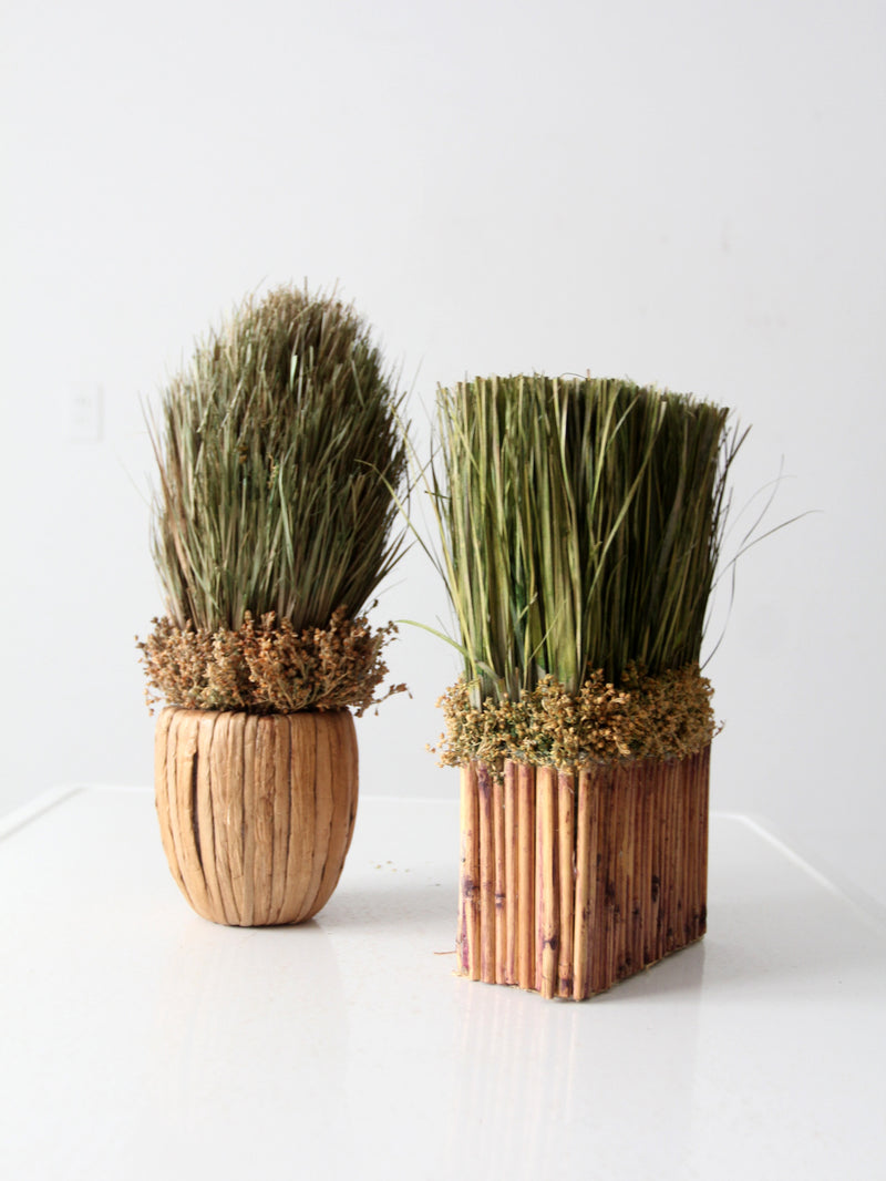 vintage decorative dried grass topiaries pair