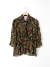 vintage Tuleh silk blouse abstract print sheer button down | size 8
