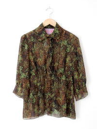 vintage Tuleh silk blouse abstract print sheer button down | size 8