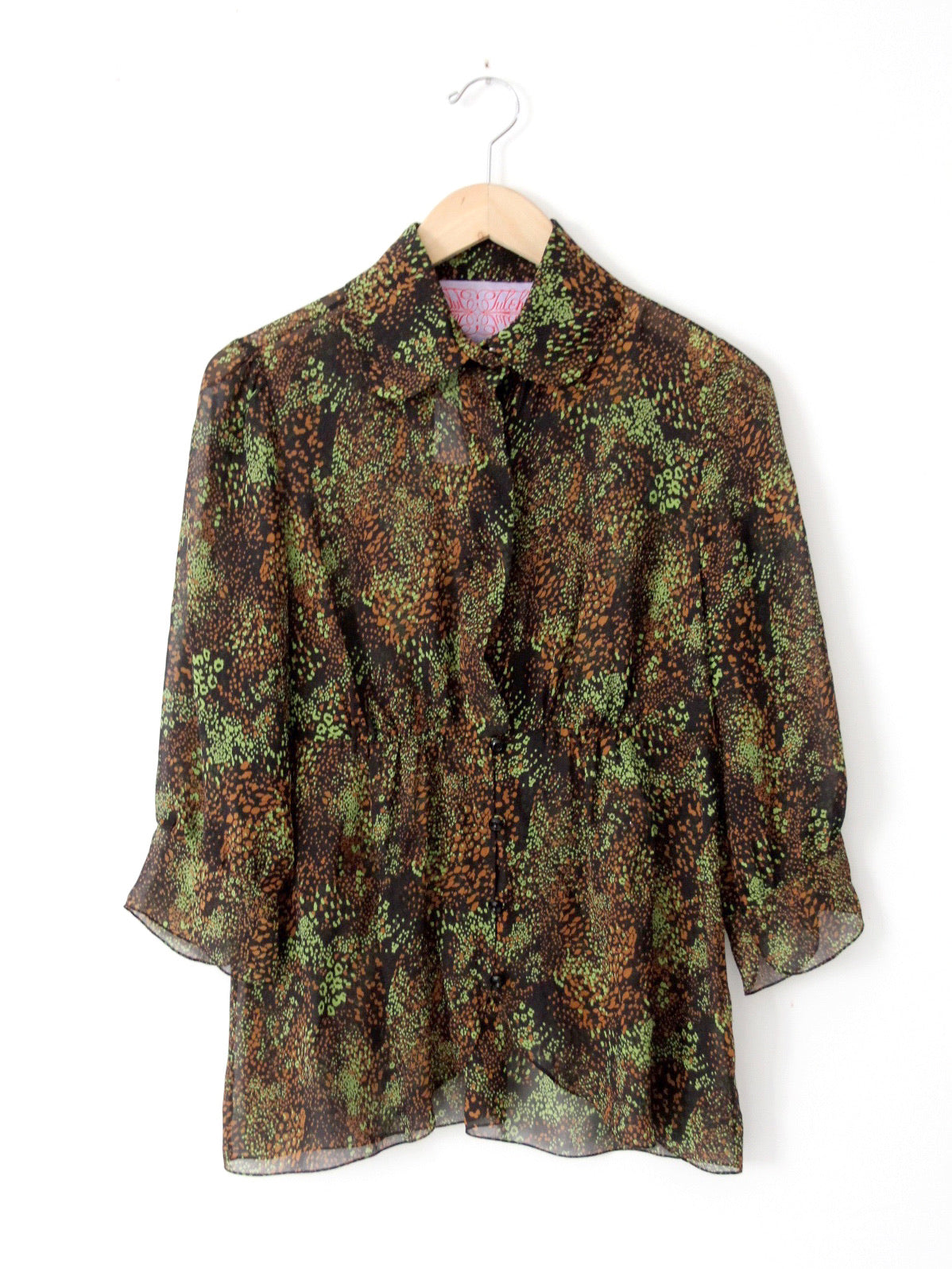 vintage Tuleh silk blouse abstract print sheer button down | size 8