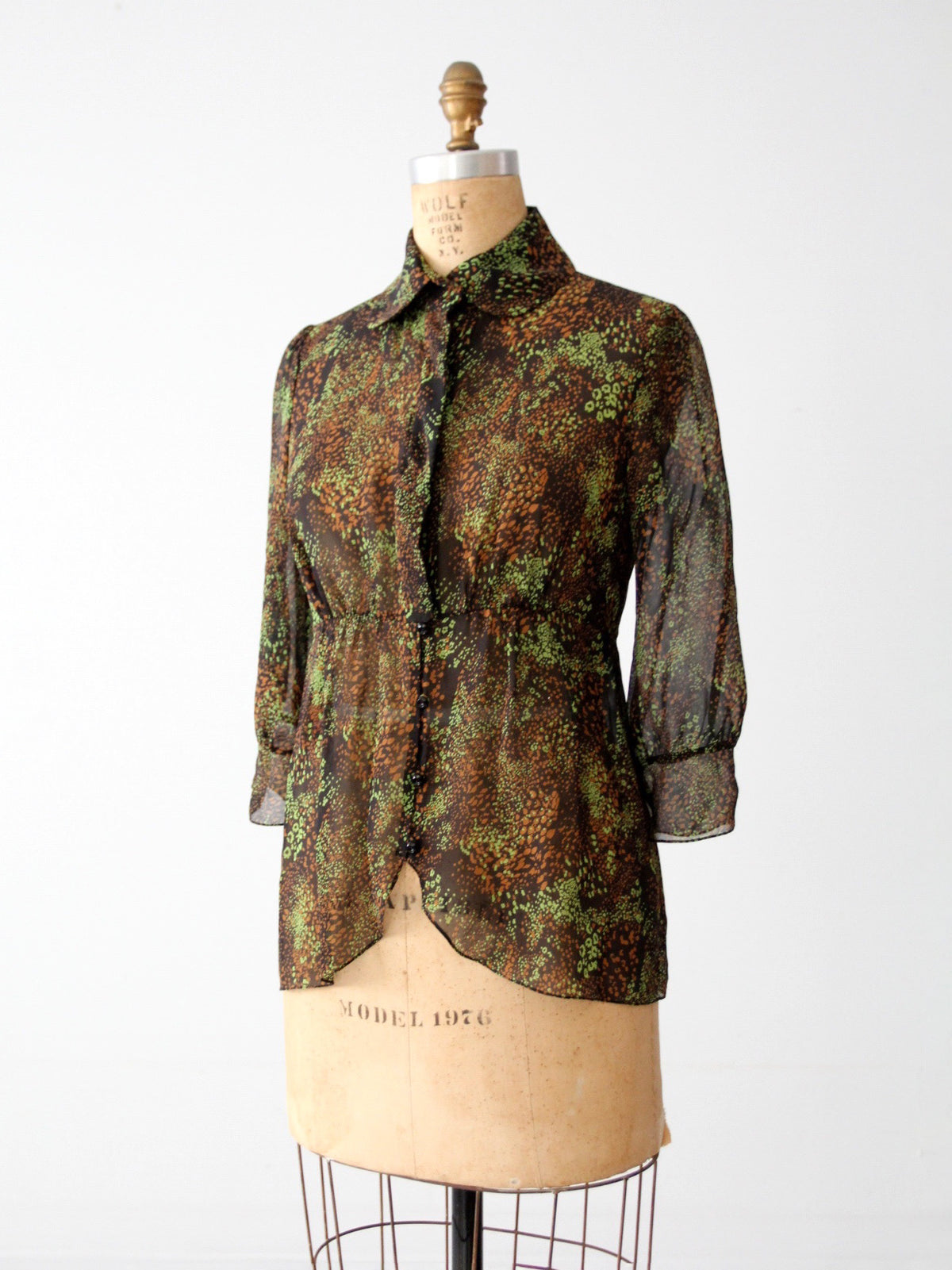 vintage Tuleh silk blouse abstract print sheer button down | size 8