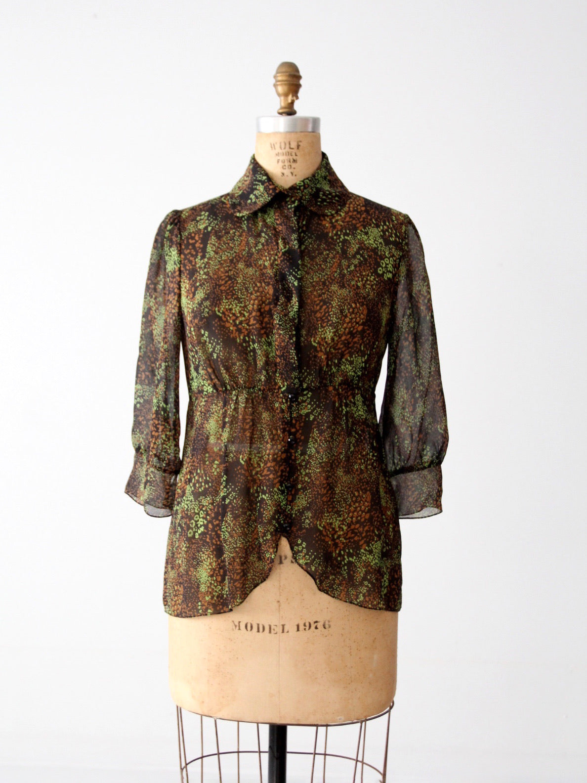 vintage Tuleh silk blouse abstract print sheer button down | size 8