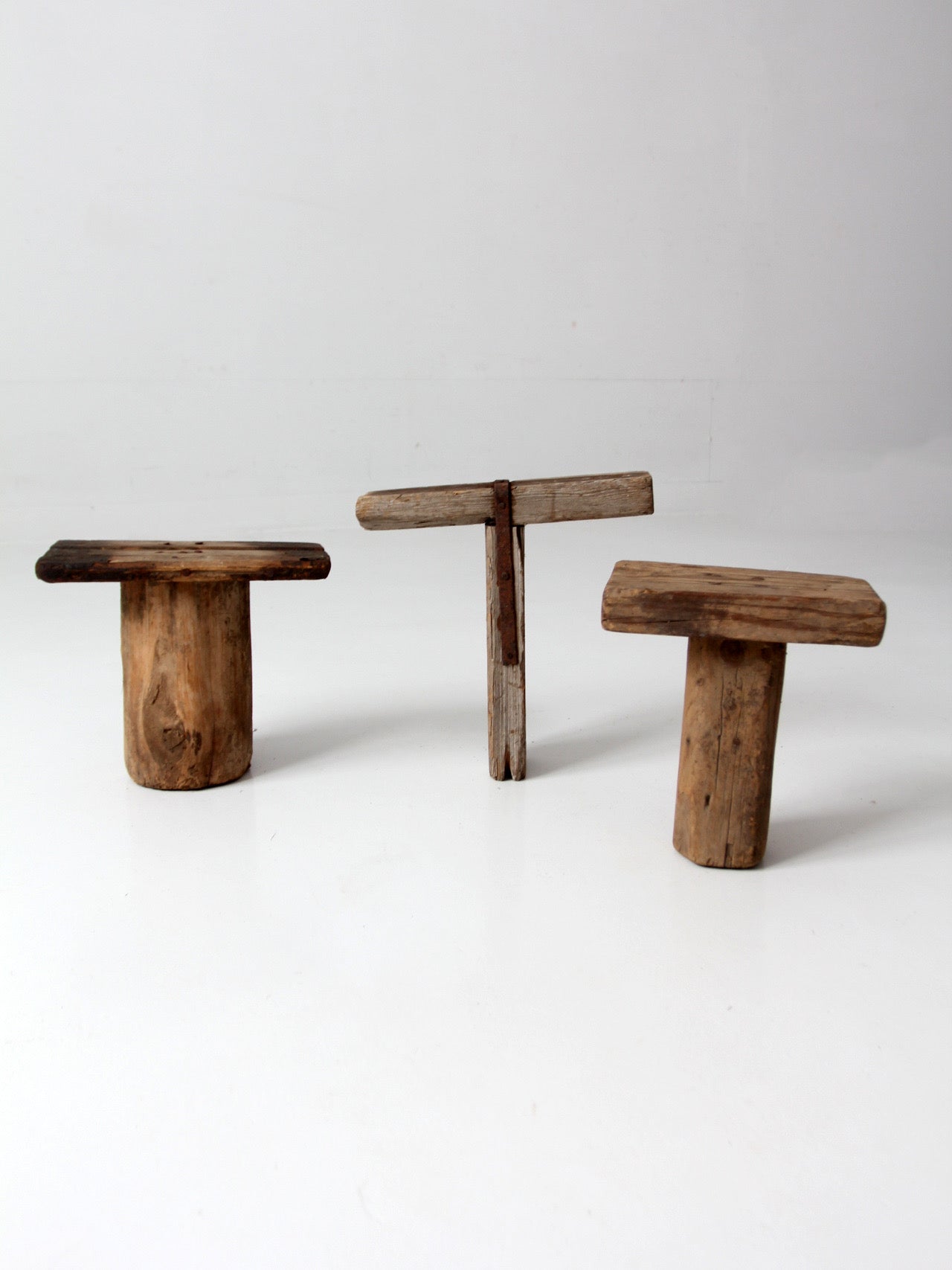 antique primitive milking stools collection set of 3