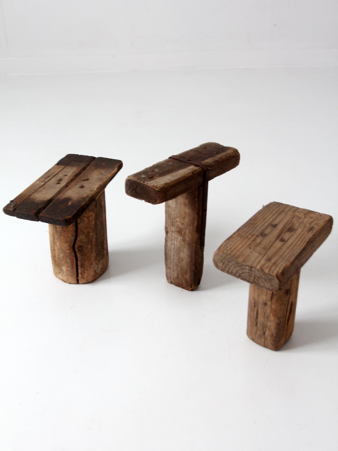 antique primitive milking stools collection set of 3