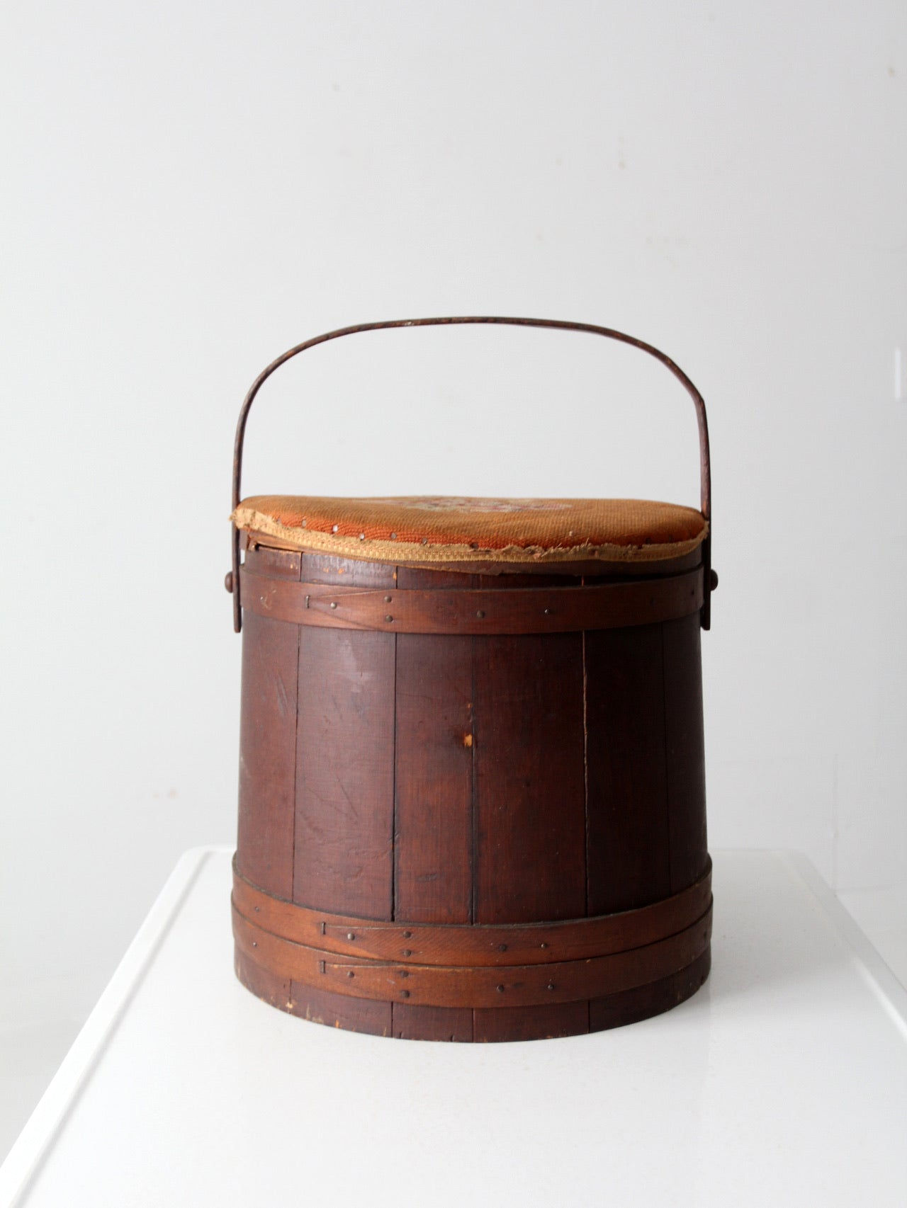 antique firkin sugar bucket with needlepoint lid