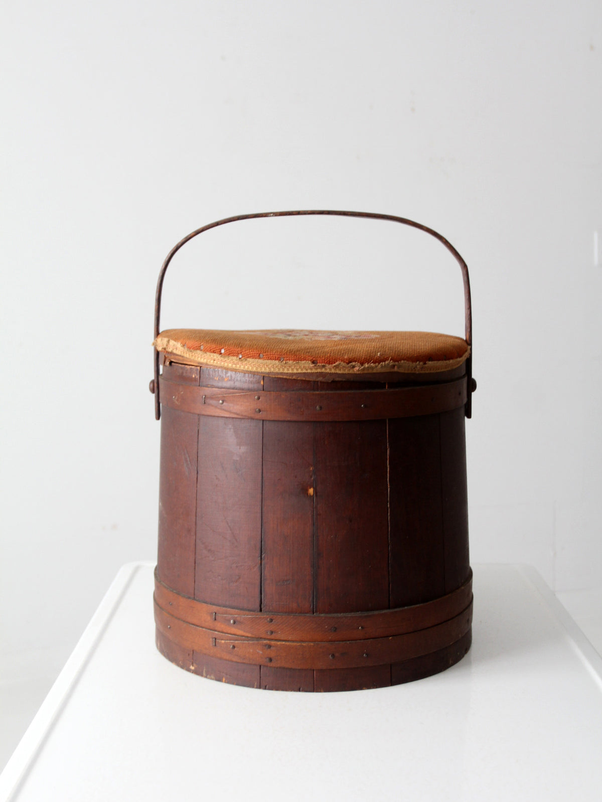 antique firkin sugar bucket with needlepoint lid