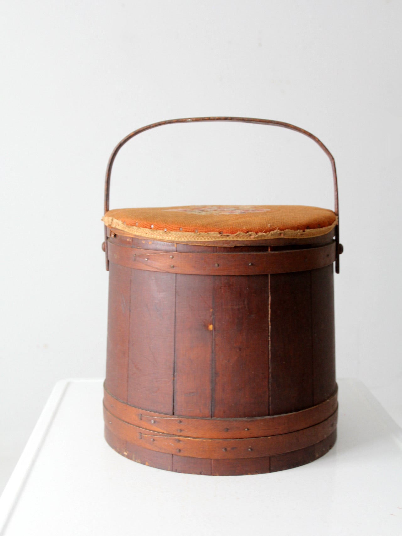 antique firkin sugar bucket with needlepoint lid – 86 Vintage