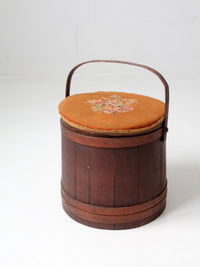 antique firkin sugar bucket with needlepoint lid