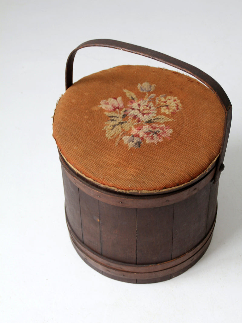 antique firkin sugar bucket with needlepoint lid