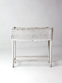 antique white wicker plant stand with removable metal liner