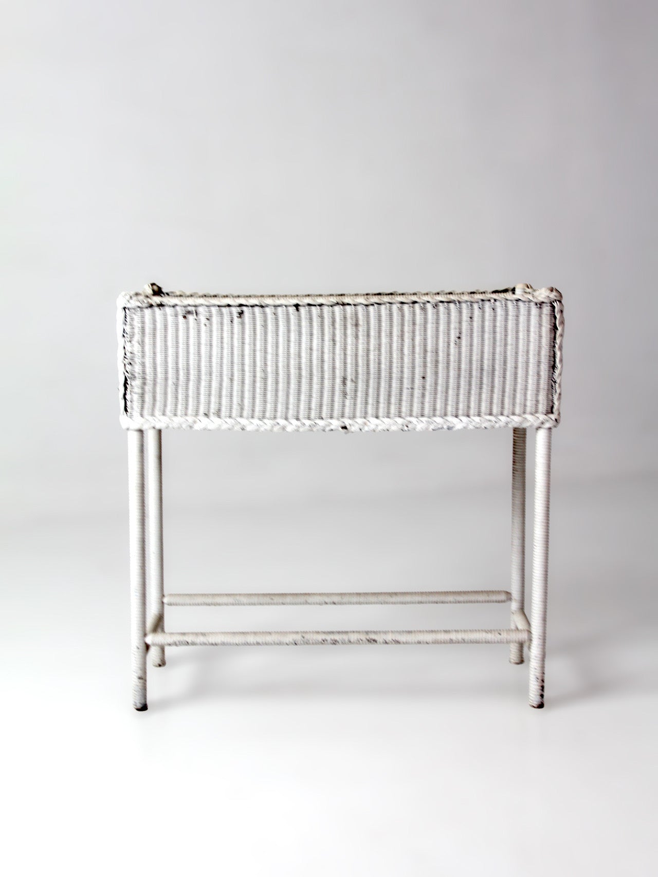 antique white wicker plant stand with removable metal liner