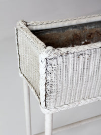 antique white wicker plant stand with removable metal liner