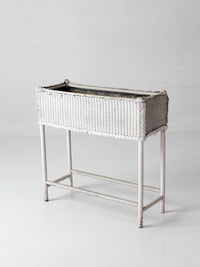antique white wicker plant stand with removable metal liner