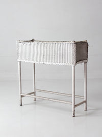 antique white wicker plant stand with removable metal liner