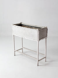 antique white wicker plant stand with removable metal liner