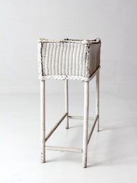 antique white wicker plant stand with removable metal liner