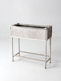 antique white wicker plant stand with removable metal liner