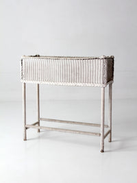 antique white wicker plant stand with removable metal liner