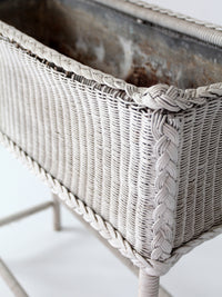 antique white wicker plant stand with removable metal liner