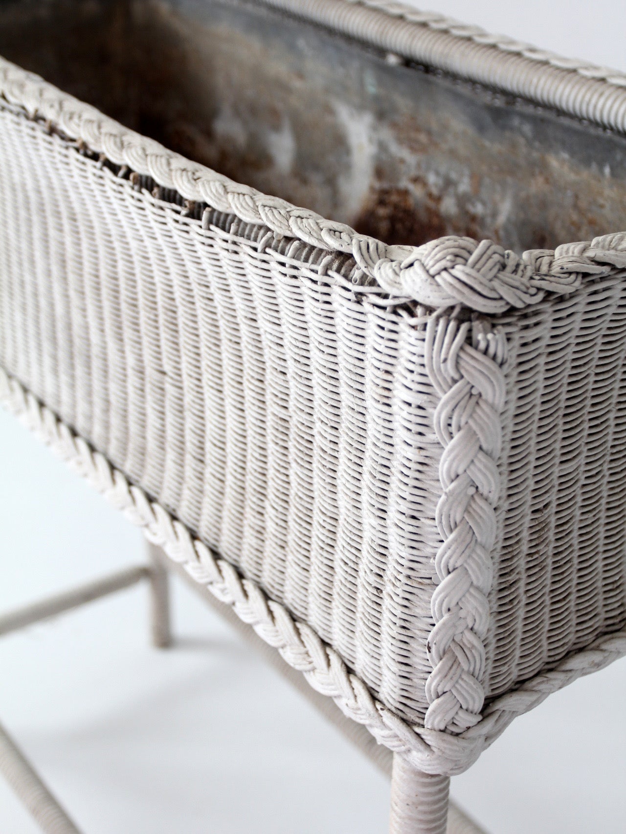 antique white wicker plant stand with removable metal liner