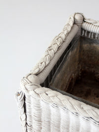 antique white wicker plant stand with removable metal liner