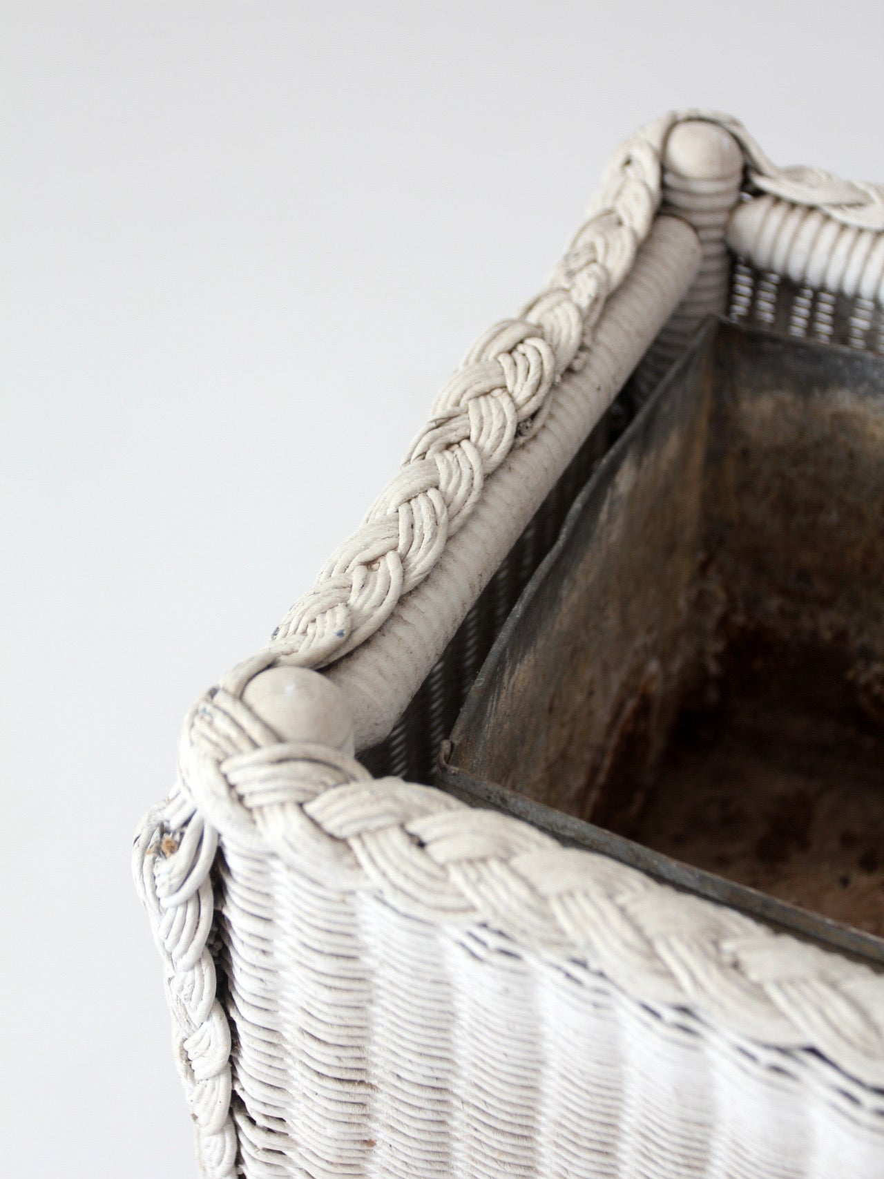 antique white wicker plant stand with removable metal liner