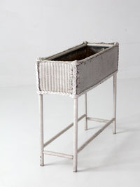 antique white wicker plant stand with removable metal liner