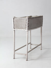 antique white wicker plant stand with removable metal liner