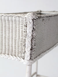 antique white wicker plant stand with removable metal liner