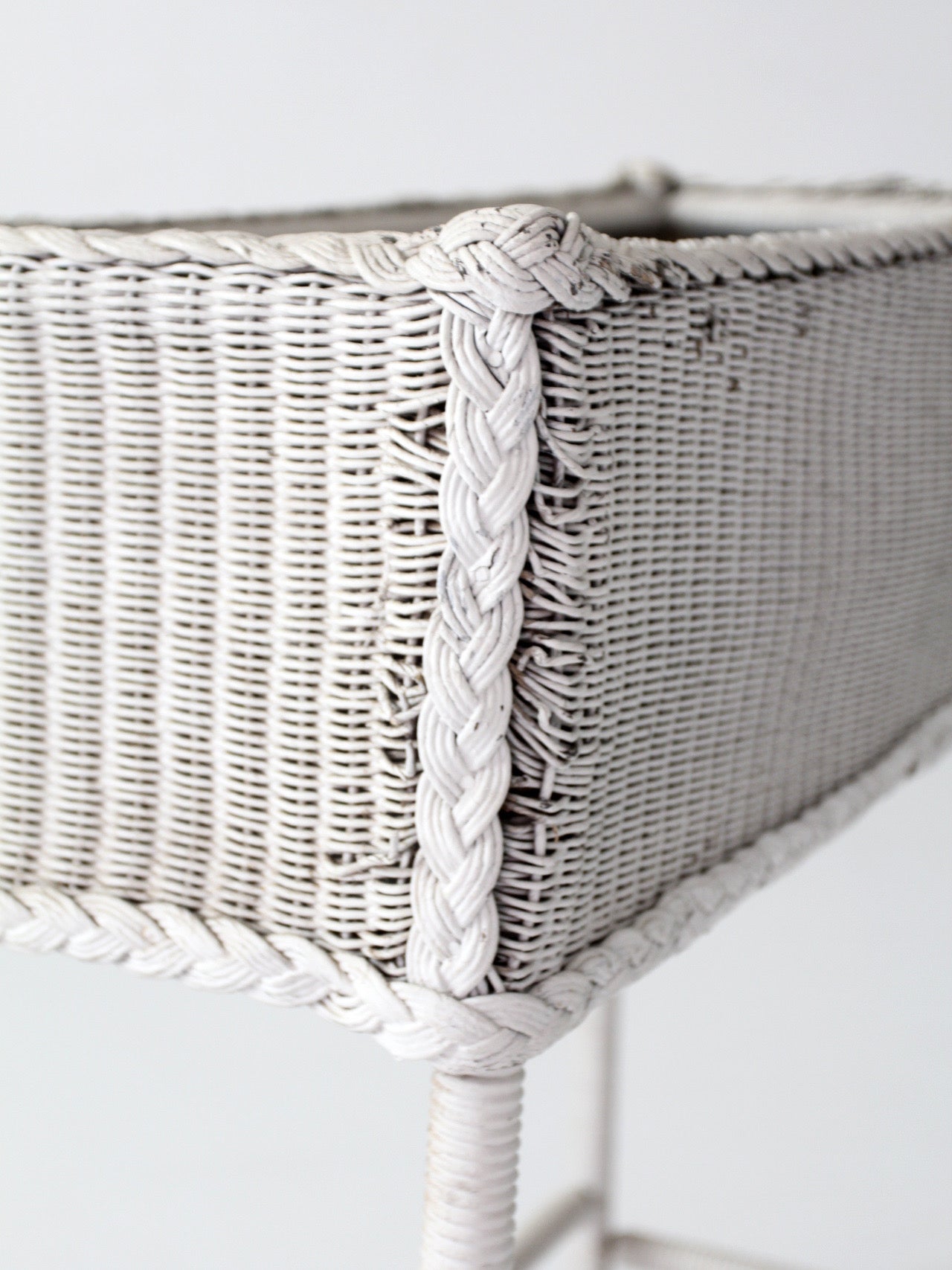 antique white wicker plant stand with removable metal liner