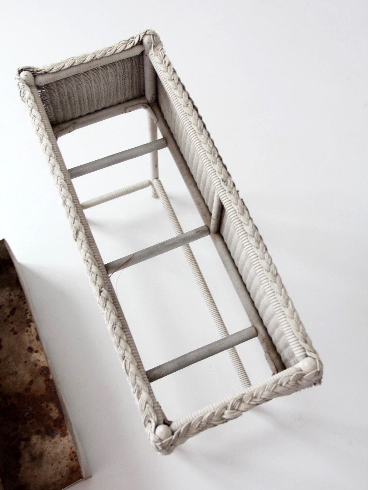 antique white wicker plant stand with removable metal liner