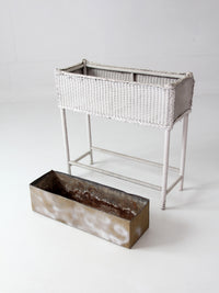 antique white wicker plant stand with removable metal liner
